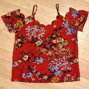 Rags to Wishes Red Floral Cold Shoulder Scalloped Women's Top- Size Medium